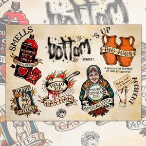 Peut inclure: Une affiche présentant plusieurs illustrations de style tatouage, dont une bombe aérosol étiquetée Pheromone Sex Spray, deux cruches orange marquées Big Jugs, une poêle à frire Hello Mr. Gas Man et une diseuse de bonne aventure avec une boule de cristal.