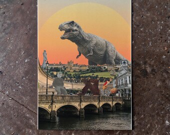 Surreal Collage Print: "Dino Attacks Bath" - Bath City Prints, Dinosaur Wall Art Sage Green, England Countryside Town Poster