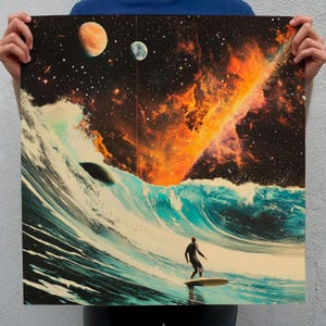 Surreal Collage: "Starlight Surfer" Space Surf Print / Vintage 50s Alien Art / Surfing Wall Art / Beach Ocean Prints