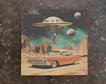 Surreal Collage Art Print: "Space-Jump" 1950s Alien Artwork, Space Wall-Art, Atomic Age Revival Car Poster