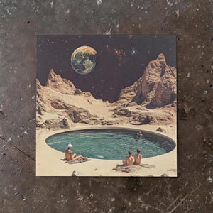 A surreal image depicting a group of people sitting in a pool on a beach, with a large planet and stars in the background.