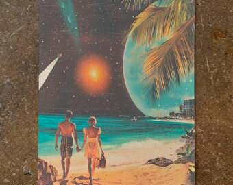 Surreal Collage: "Cosmic Shores" - Space Romance, Retro Cosmic Art Design, Retro Futuristic, Vintage Sci-Fi Art