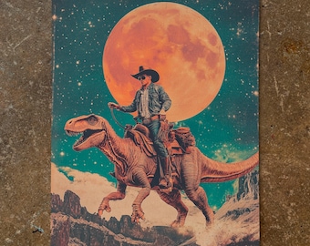 Surreal Collage: "The Wild Frontier" Space Cowboy Art, Retro Space Art, Sci-fi Design, Cosmic Art, Retro Futuristic, Dinosaur Surreal Poster