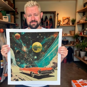 Surreal Collage: &quot;Cosmic Drive&quot; - Retro Space Car, Retro Scifi Art, Cosmic Art, Retro Futuristic, Space Adventure, Surrealism Art Poster