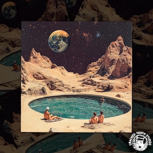 A surreal scene of a group of people sitting on the edge of a pool, with a large planet and stars in the background, creating a dreamlike, cosmic atmosphere.