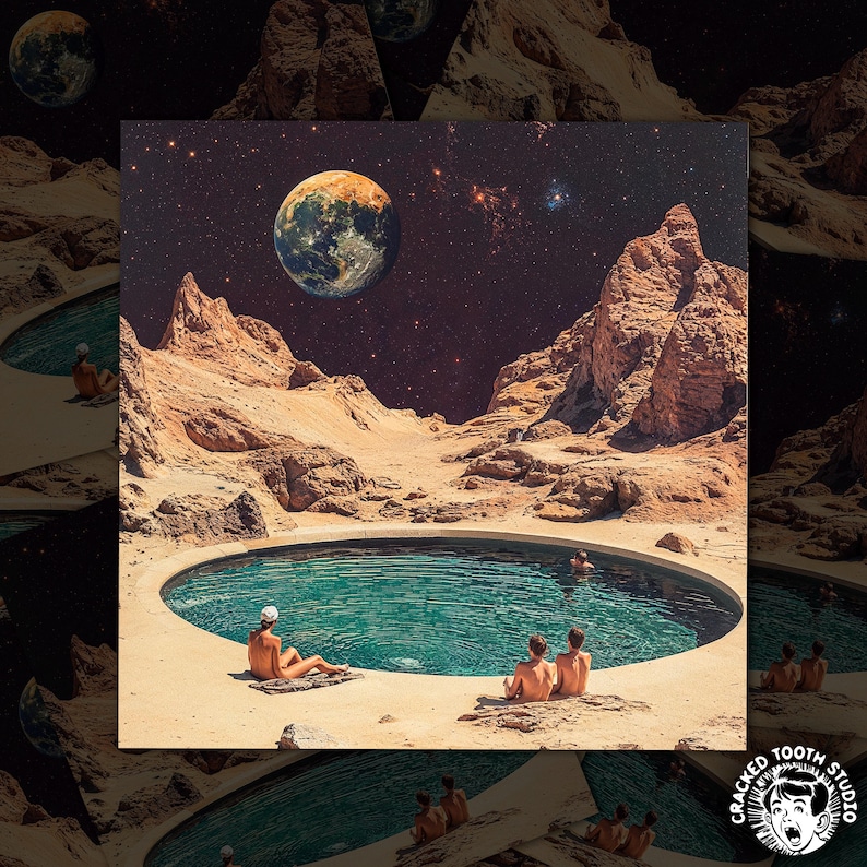 A surreal scene of a group of people sitting on the edge of a pool, with a large planet and stars in the background, creating a dreamlike, cosmic atmosphere.