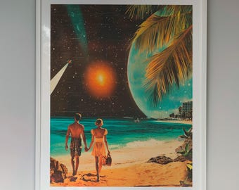 Surreale Collage: "Cosmic Shores" - Weltraum Romantik, Retro Space Art, Sci-Fi Design, Kosmische Kunst, Retro Futuristisch, Vintage Sci-Fi surreale Kunst