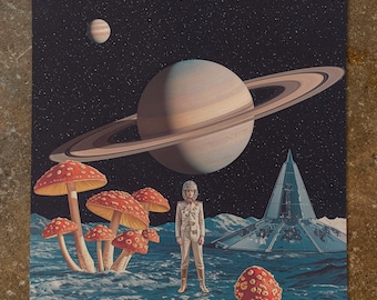 Space Fungi Poster: "Stranded Mr Pepper" Collage Art - Retro Mushroom Print - Midcentury Modern 1960s Artwork
