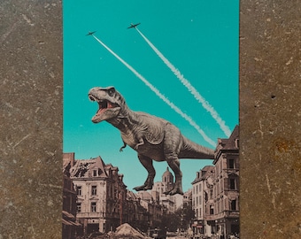 Surreal Dinosaur Poster Kids: "The T-Rex Blitz" Art Print - Dinosaur Wall Collage