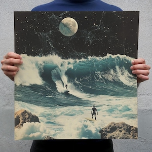 Surreal Planet Surf Collage Print: Space Surfer, 50s Alien Art, Beach Ocean Wall-Art