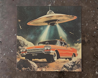 UFO Art Print: "Space-Age Getaway" - Vintage Sci-Fi, 1950s Alien Abduction, Retro Car Road Trip Surreal Collage