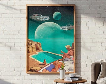 Surreale Kunst: "Vintage Schwimmer ""Kosmische Freizeit"" - futuristische Retro Collage Kunstdrucke."