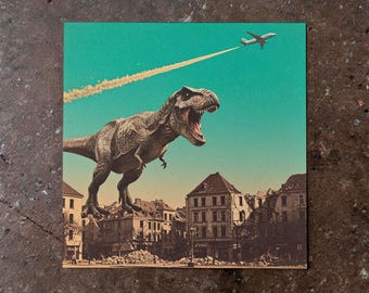 T-Rex Poster: "Dino Attacks Britain" Collage - Dinosaur Prints Blue / Sage Green