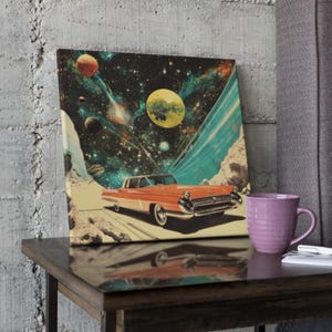 Canvas: &quot;Cosmic Drive&quot; - Retro Space Car, Retro Scifi Art, Cosmic Art, Retro Futuristic, Space Adventure, Surrealism Art Poster