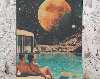 Space Date at the Pool Art Print, Vintage Sci Fi Poster, Retro Poolside Collage, Surreal Space Wall Art, Cosmic Summer Decor