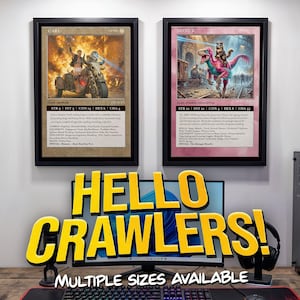 May include: Two framed fantasy-style trading cards displayed above a computer monitor. The left card features a character on a motorcycle, while the right card depicts a cat riding a dinosaur. The text HELLO CRAWLERS! is overlaid in large yellow letters.