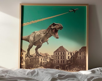 T-Rex Poster: "Dino Attacks Britain" Collage - Dinosaurierdrucke Blau / Salbeigrün."