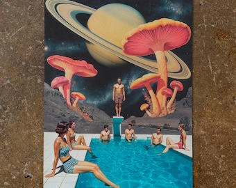 Retro Collage: "Mushroom Pool Party" -  Surreal Wall Art Vintage Swimmers Surrealist Print - Mid-Century Modern Art Fungi poster