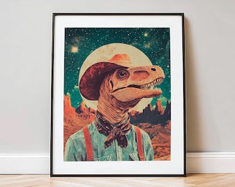 Surreale Collage: ""Dino Pilgrim"" - Dinosaurier Cowboy, Scifi Print, Retro Futuristisch, Universum Kunstdruck, Retro Atomic Age, Weltraum Cowboy Poster."