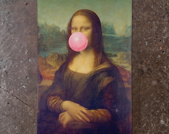 Mona Lisa Bubblegum Art Print, Funny Renaissance Poster, Surreal Vintage Wall Art, Quirky Museum Decor