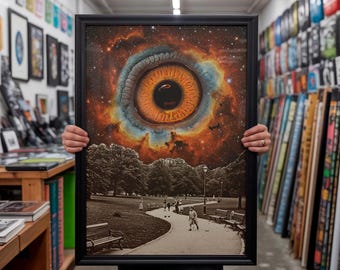 Surreale Collage: “Celestial Witness” - RetroFuturismus, Sci-Fi kosmisches Poster, Retro futuristische Wandkunst, Retro Atomic Age, Weltraum, Surrealismus