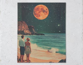 Space Date at the Beach Art Print, Vintage Sci Fi Poster, Retro Beach Couple Collage, Surreal Coastal Wall Art, Moon Decor