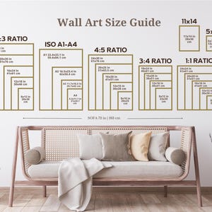 The image is a wall art size guide that provides dimensions for different art sizes, including 2:3, 4:5, 3:4, and 1:1 ratio. The guide is displayed on a wall with a couch and decorative elements, such as a vase and a potted plant, in the background.