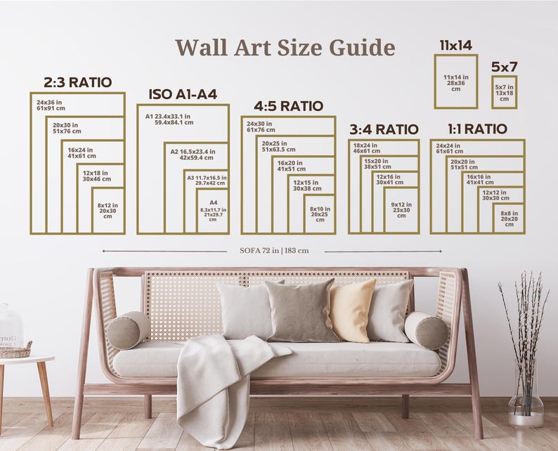 The image is a wall art size guide that provides dimensions for different art sizes, including 2:3, 4:5, 3:4, and 1:1 ratio. The guide is displayed on a wall with a couch and decorative elements, such as a vase and a potted plant, in the background.