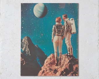 Space Date on Mountain Art Print, Vintage Space Poster, Retro Sci Fi Collage, Astronaut Wall Art, Surreal Mountain Decor