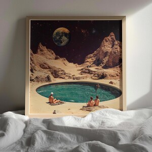 a serene scene of two people sitting on a rock by a pool, with a large planet visible in the background.