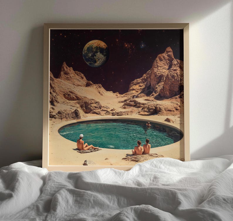a serene scene of two people sitting on a rock by a pool, with a large planet visible in the background.