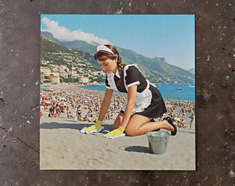 Surreal Collage: "Cleaning Up Tourism" Beach Ocean Prints - Retro Tourism Advertisement Poster - 1960s Style Mid-century Modern
