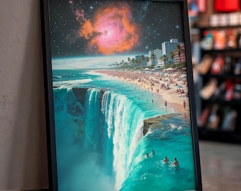 Surreal Collage: "Vacation at the Maps End" - Retro Surf Art Print, Vintage 1950's Sci-fi, Mid-Century Modern Poster, Beach Wall Decor