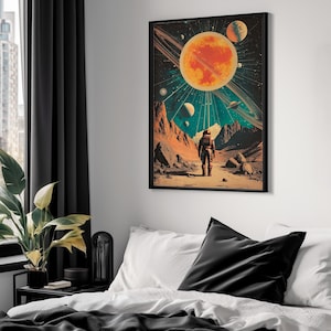 Collage surreale: &quot;Voyager of the Rings&quot; - Arte spaziale retrò, design fantascientifico, arte cosmica, futuristico retrò, stampa d&#39;arte surreale, era atomica retrò