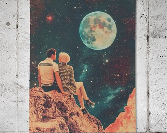 Space Date Mountain View Art Print, Vintage Sci Fi Poster, Retro Space Couple Collage, Surreal Cosmic Wall Art, Moon Decor