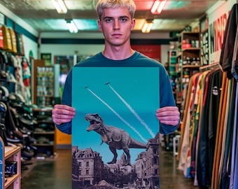 Surreal Dinosaur Poster Kids: "The T-Rex Blitz" Art Print - Dinosaur Wall Collage