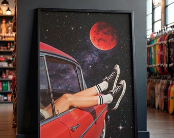 Surreale Collage: “Cosmic Detour” Retro Weltall Poster Liebe,Converse Kunst Druck, Minimalistische surrealistische Kunst, Mars Steckbrief