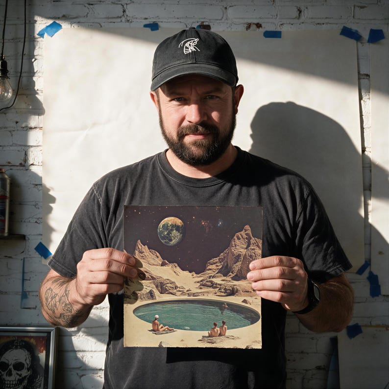 A man with a beard is holding up a framed picture of a surreal landscape with a pool and mountains, against a white brick wall.