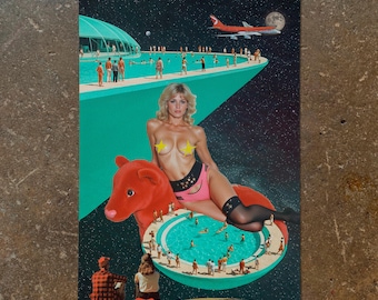 Surreal Wall Art: "Planetary Pool Party" Skinny-dipping Collage Art Prints - Voyeurism Vintage Swimmers