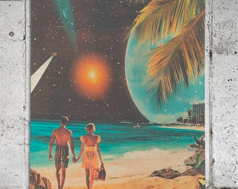 Surreal Collage: "Cosmic Shores" - Space Romance, Retro Cosmic Art Design, Retro Futuristic, Vintage Sci-Fi Art