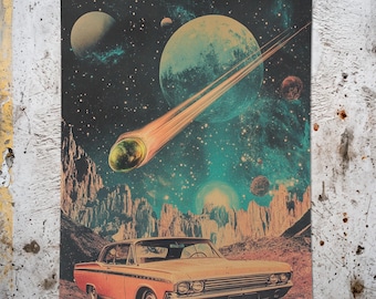 Surreal Collage: "Incoming Retrofuturism" - Sci-fi Design, Cosmic Art, Retro Futuristic, Cosmic Disco Art, Retro Poster Space Cowboy