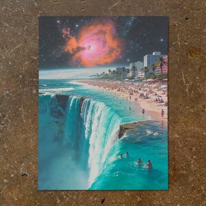 Surreal Collage: "Vacation at the Maps End" - Retro Surf Art Print, Vintage 1950's Sci-fi, Mid-Century Modern Poster, Beach Wall Decor