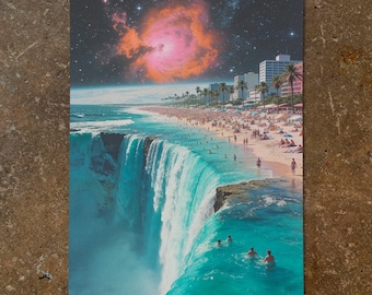 Surreal Collage: "Vacation at the Maps End" - Retro Surf Art Print, Vintage 1950's Sci-fi, Mid-Century Modern Poster, Beach Wall Decor