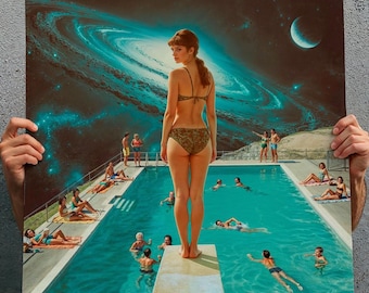 Surreale Collage: “Midcentury at Edge of Space” Poster Atomic Age Revival Print - Retro-moderne Wandkunst