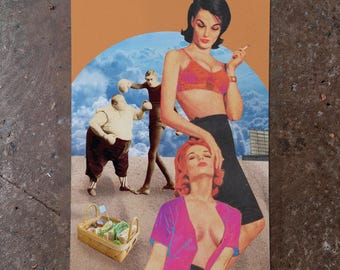 Summer Strange Art Print, Vintage Surreal Collage, Retro Beach Poster, Weird Summer Wall Art, Mid Century Pin Up Decor