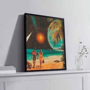 Surreal Collage: &quot;Cosmic Shores&quot; - Space Romance, Retro Space Art, Sci-fi Design, Cosmic Art, Retro Futuristic, Vintage Sci-Fi Surreal Art