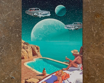 Surreal Art: "Cosmic Leisure"  Vintage Swimmers Wall Decor - Retro Futuristic Collage Art Prints