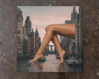 Surreal Collage: "Walking the Waterfront" Collage Art Print, City Wall-Art, 1960s Style Mid-century Modern Poster