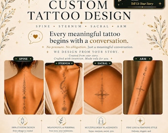 May include: A promotional graphic for custom tattoo designs featuring the text CUSTOM TATTOO DESIGN and examples of fine line ink placements on the spine, sternum, sacral area, and arm. The layout includes decorative botanical elements and stars.