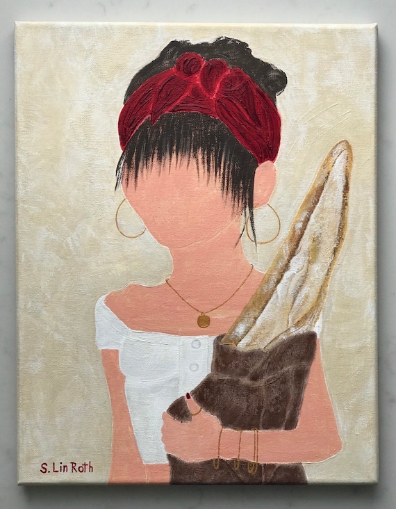 Gypsy Girl With French Baguette Acrylic Painting French Bread Etsy